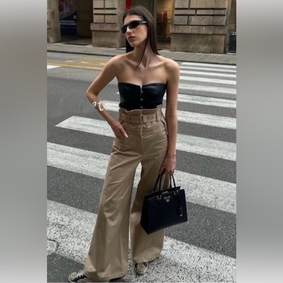 NWOT Zara Khaki wide leg high waisted belted pant size M - Picture 2 of 10